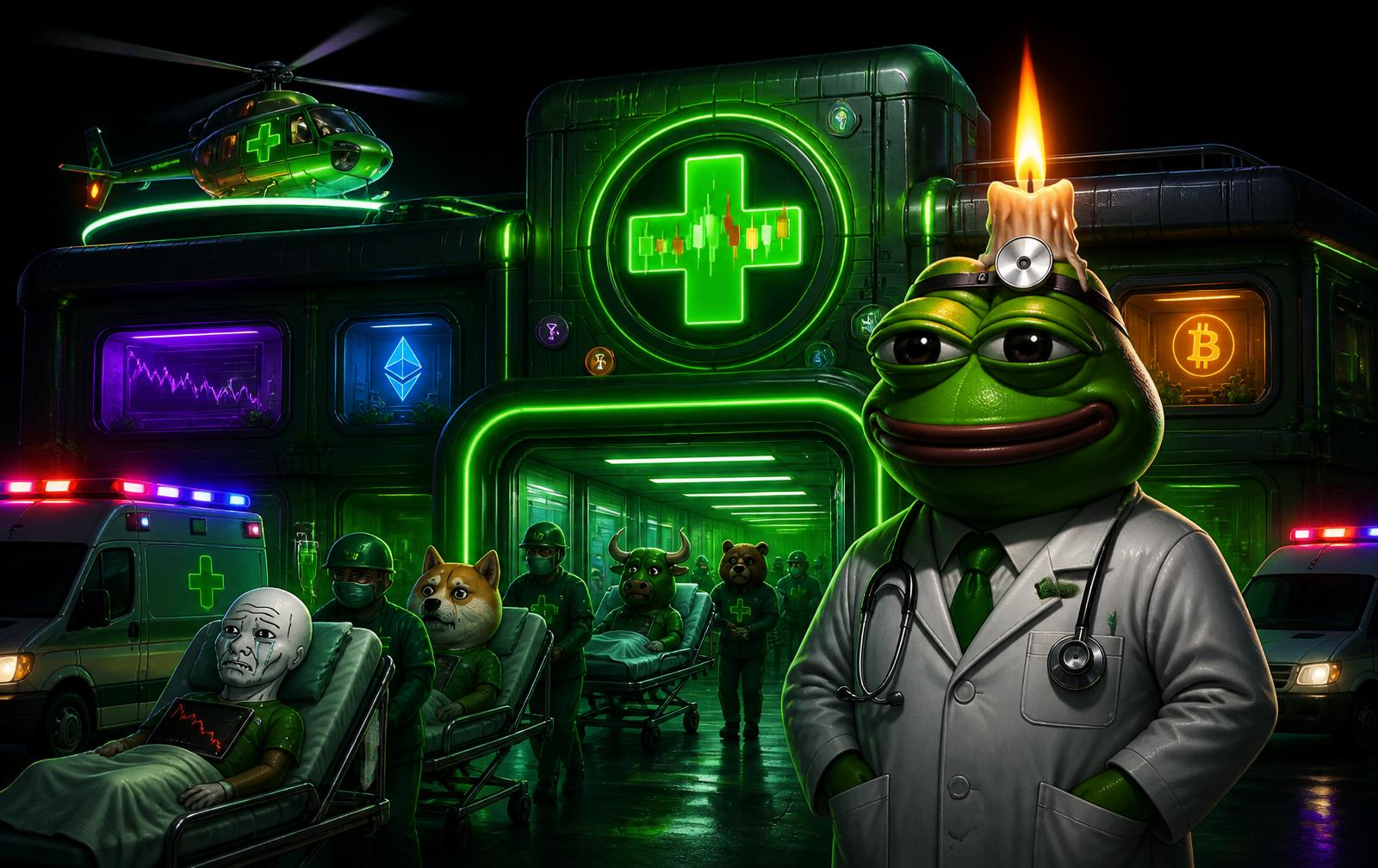 Dr. Candle outside the glowing crypto hospital at night.