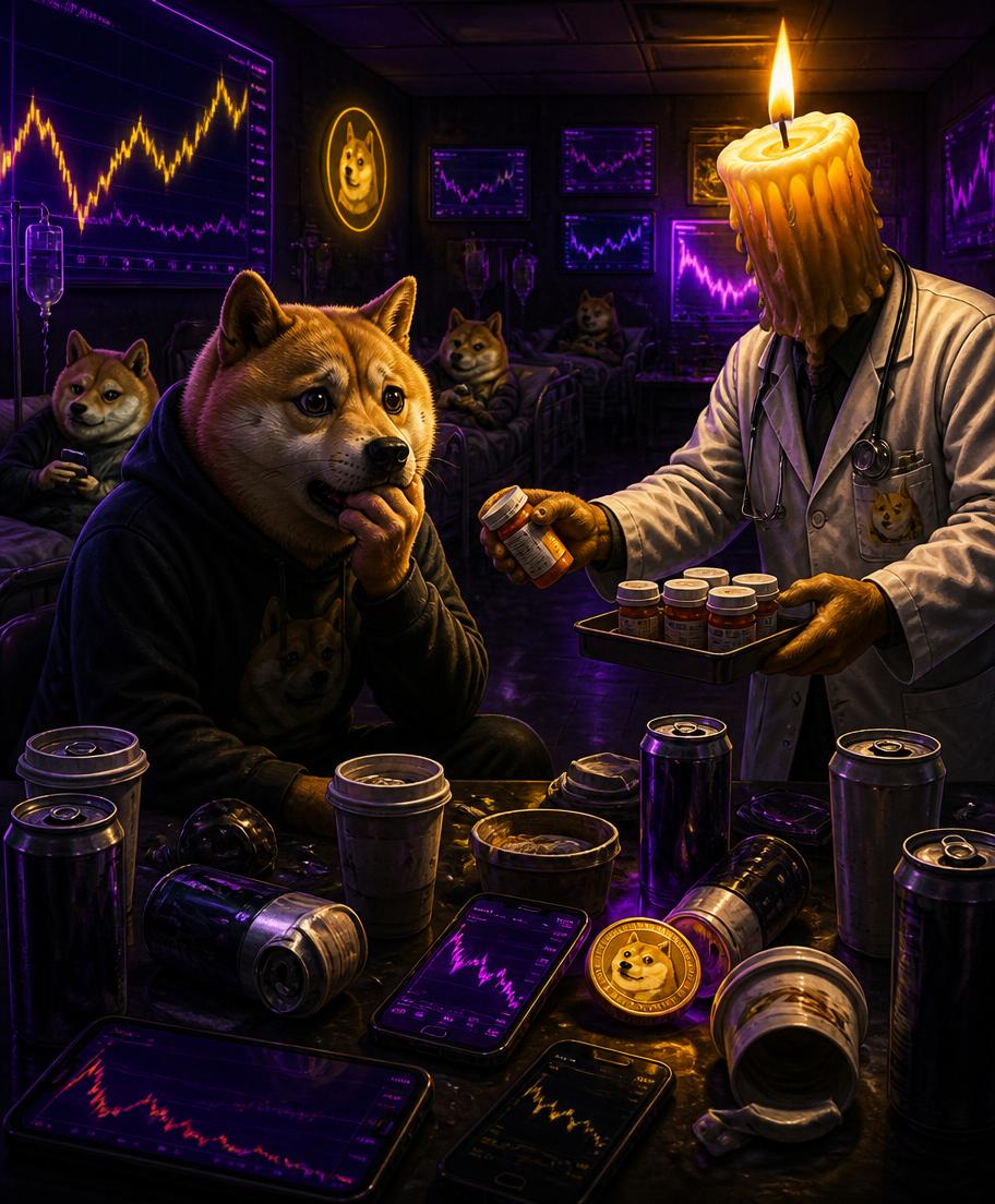 Doge in the Addiction Ward surrounded by late-night charts and medication from Dr. Candle.