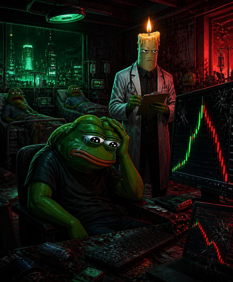 Pepe trader in the Roundtrip Ward while Dr. Candle studies the chart collapse.